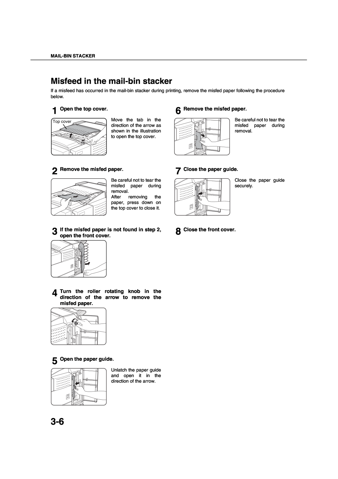 Sharp AR-M451N Misfeed in the mail-bin stacker, Open the top cover, Remove the misfed paper, Close the paper guide 