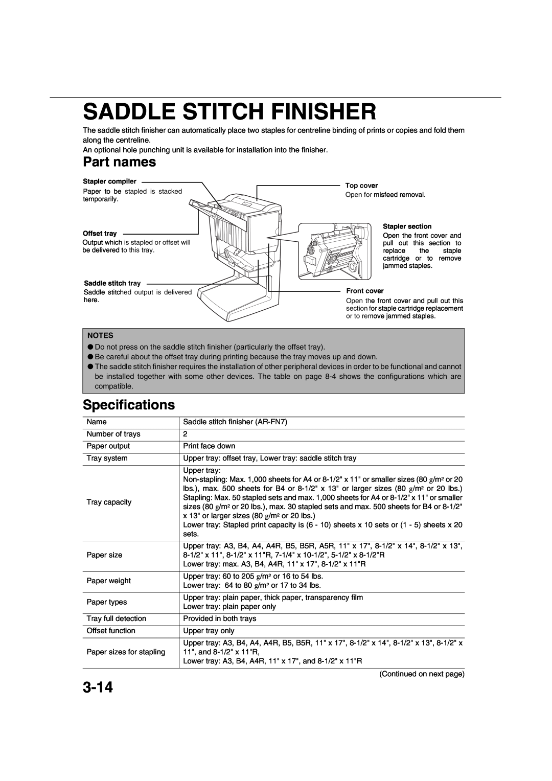 Sharp AR-M451N specifications Saddle Stitch Finisher, 3-14, Part names, Specifications 