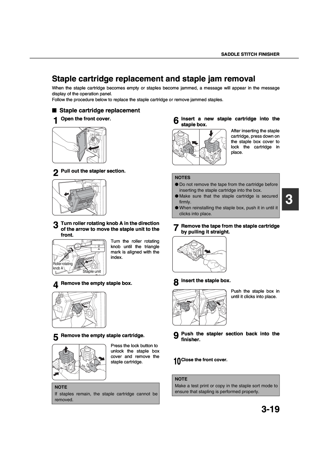 Sharp AR-M451N 3-19, Staple cartridge replacement and staple jam removal, Insert the staple box, Saddle Stitch Finisher 