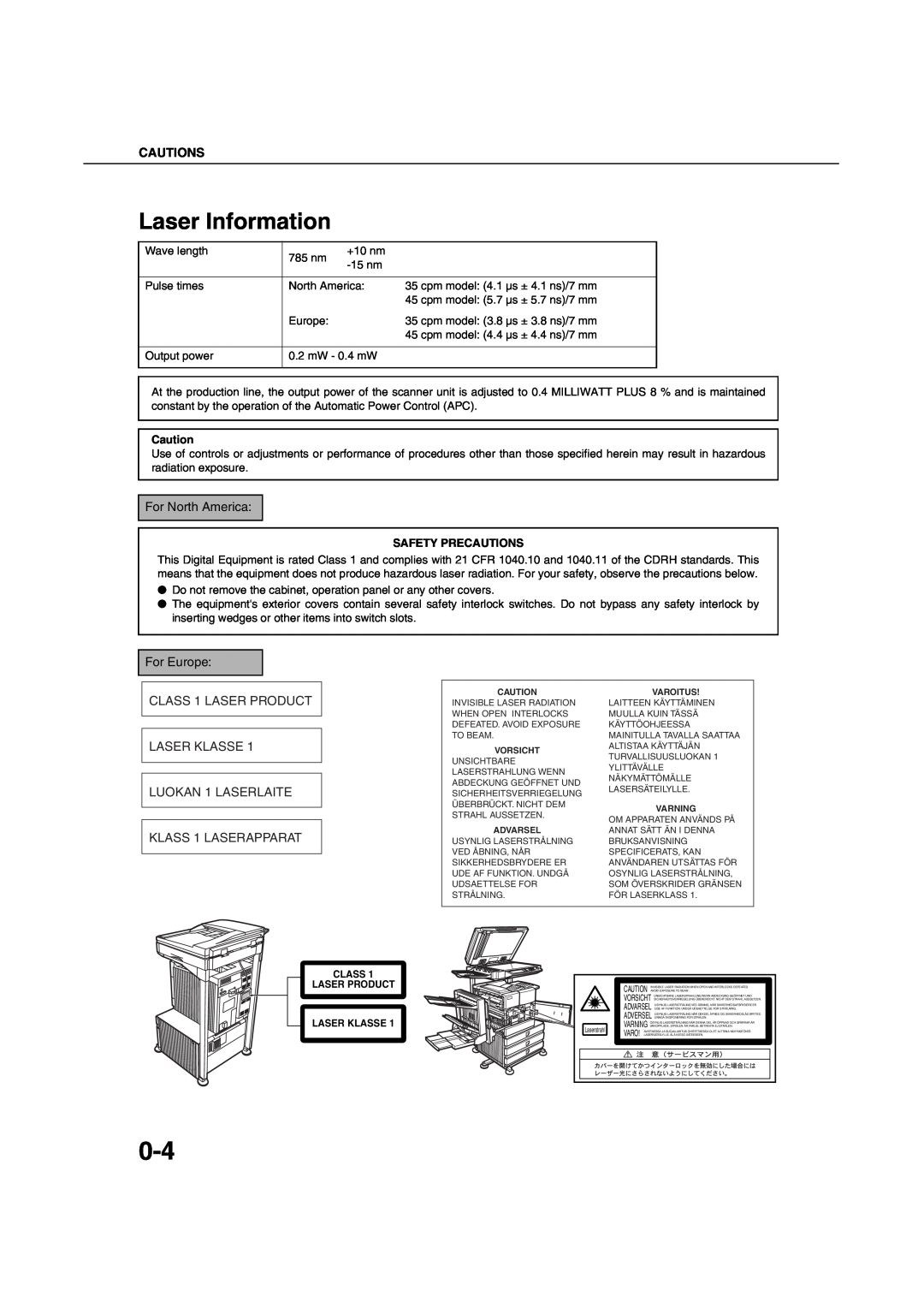 Sharp AR-M451N specifications Laser Information, Cautions 