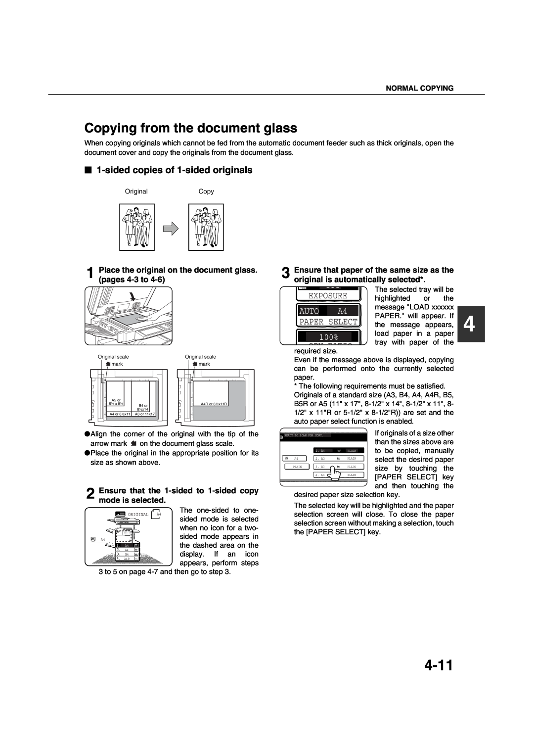 Sharp AR-M451N 4-11, Copying from the document glass, Place the original on the document glass. pages 4-3 to, Exposure 