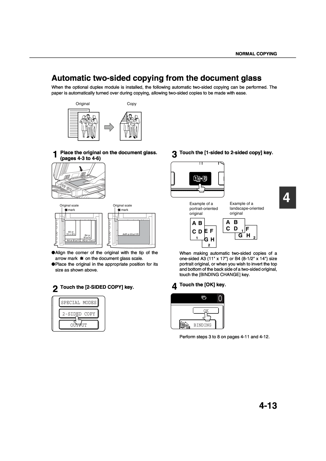 Sharp AR-M451N 4-13, Automatic two-sided copying from the document glass, Touch the 1-sided to 2-sided copy key, Binding 