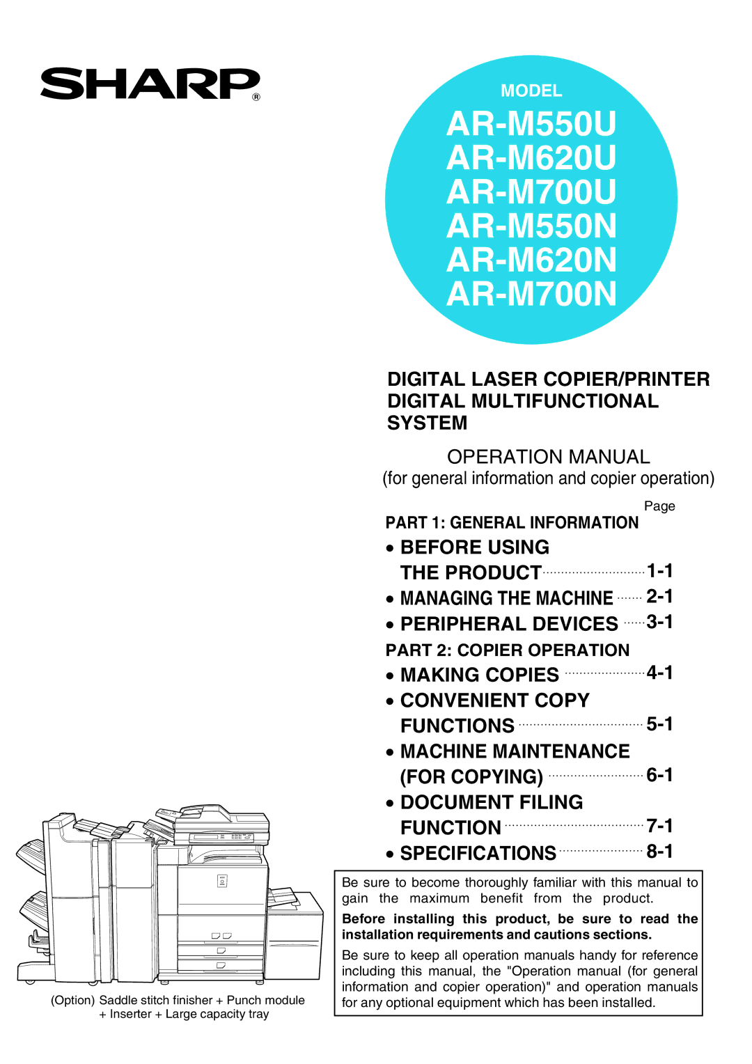 Sharp specifications AR-M550U AR-M620U AR-M700U AR-M550N AR-M620N AR-M700N 