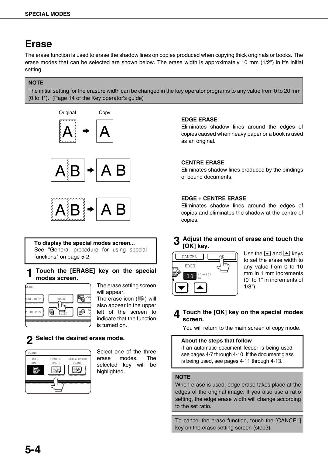 Sharp AR-M550U, AR-M700U, AR-M550N Touch the Erase key on the special modes screen, Select the desired erase mode 