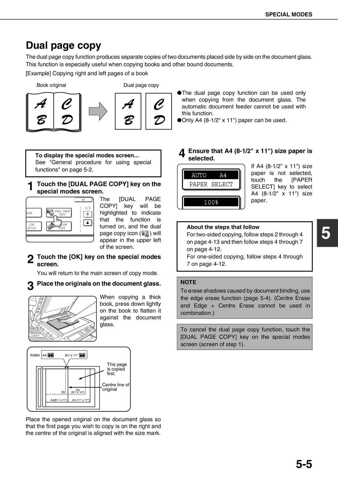 Sharp AR-M620U, AR-M700U, AR-M550N, AR-M620N, AR-M700N Dual page copy, Place the originals on the document glass, Paper 