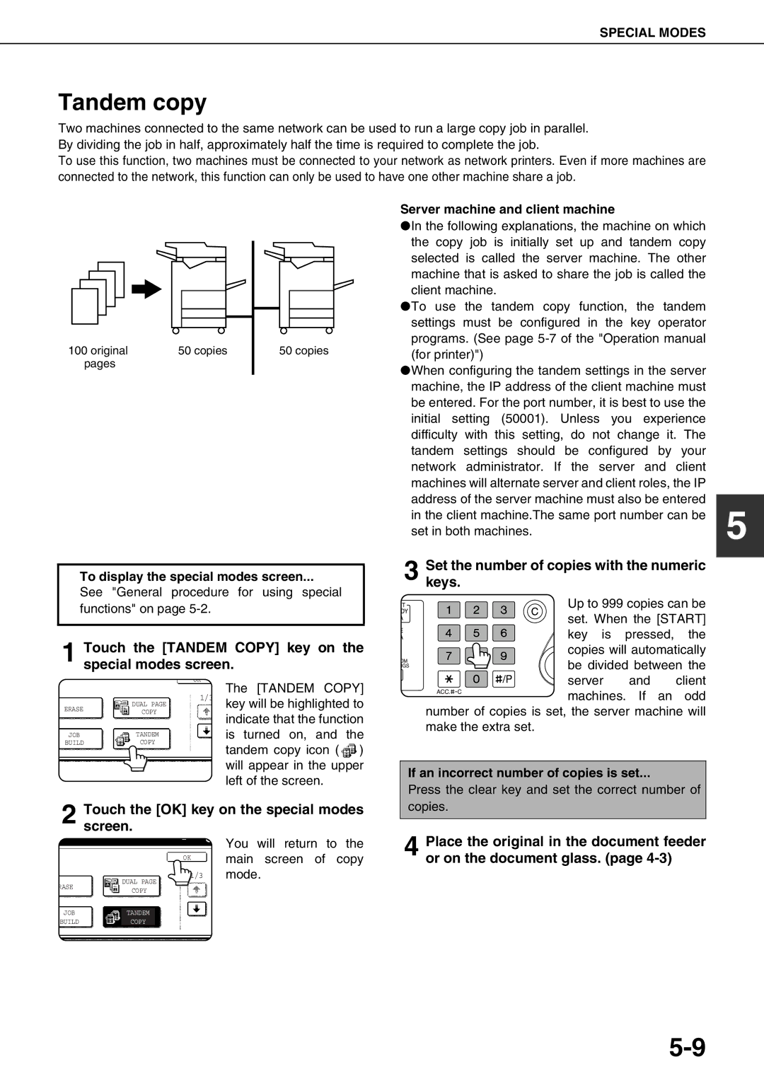 Sharp AR-M700N Tandem copy, Touch the Tandem Copy key on the special modes screen, Server machine and client machine 