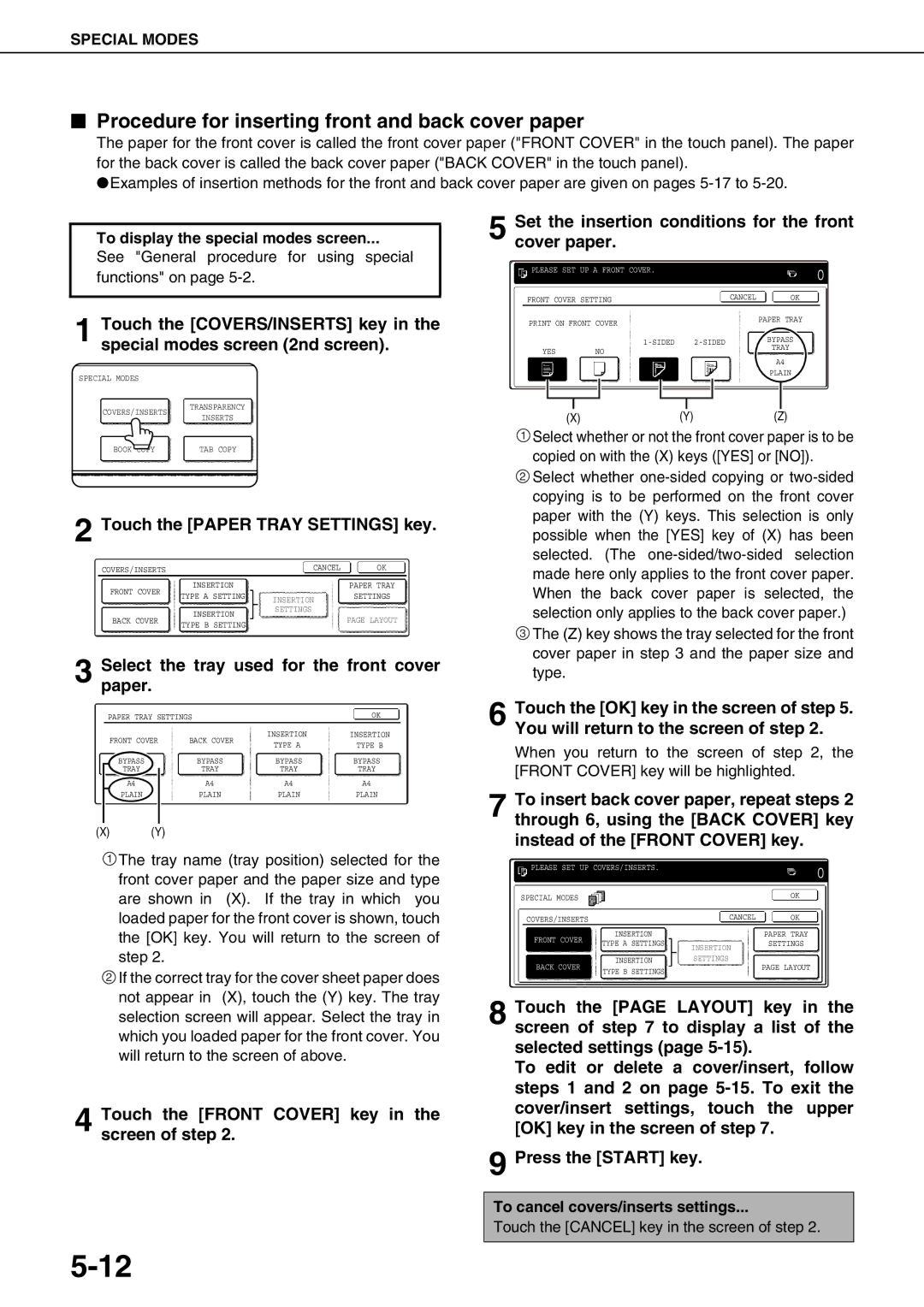 Sharp AR-M700U Procedure for inserting front and back cover paper, Selectpaper. the tray used for the front cover 