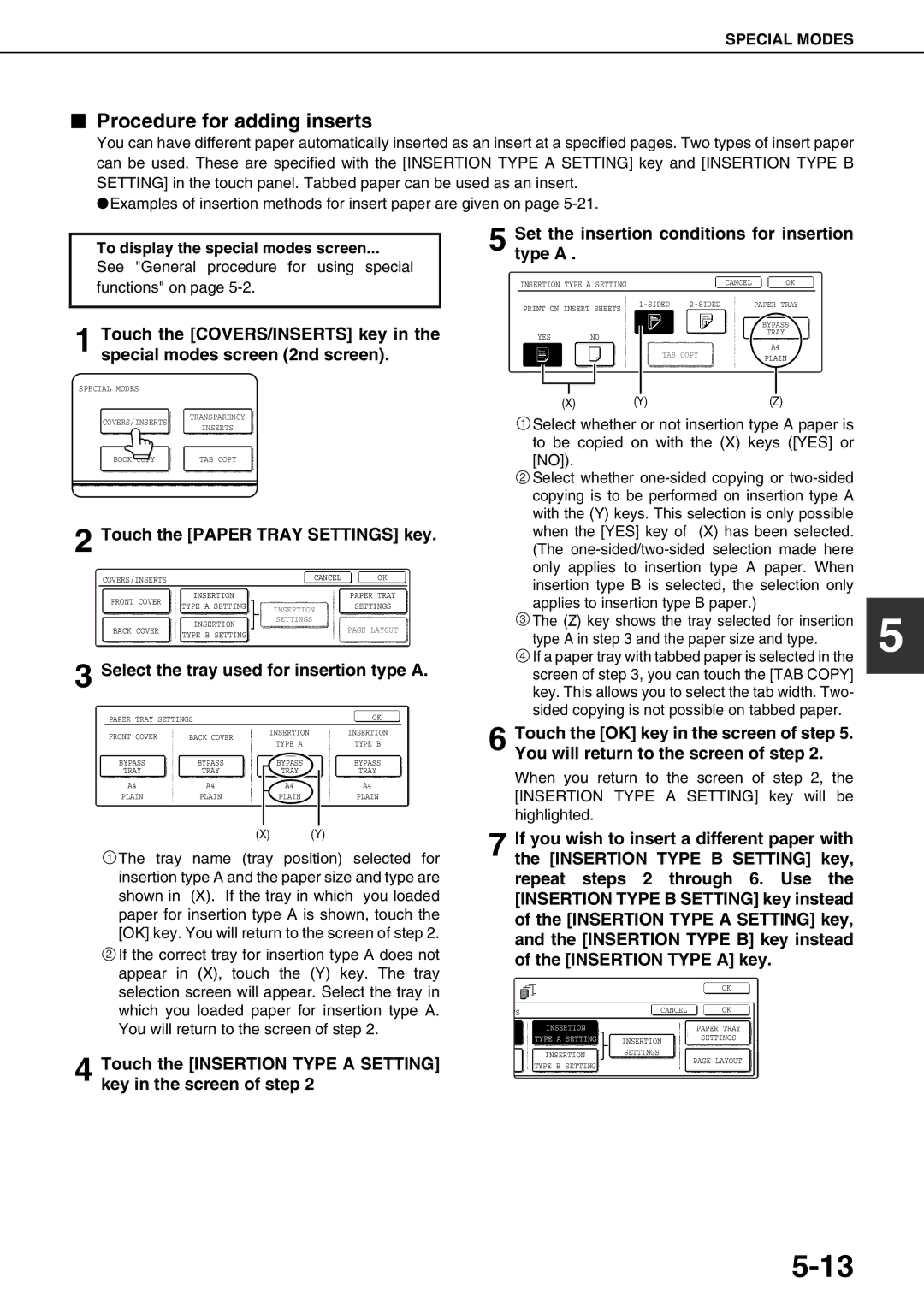 Sharp AR-M550N, AR-M700U, AR-M620N, AR-M700N Procedure for adding inserts, Select the tray used for insertion type a 