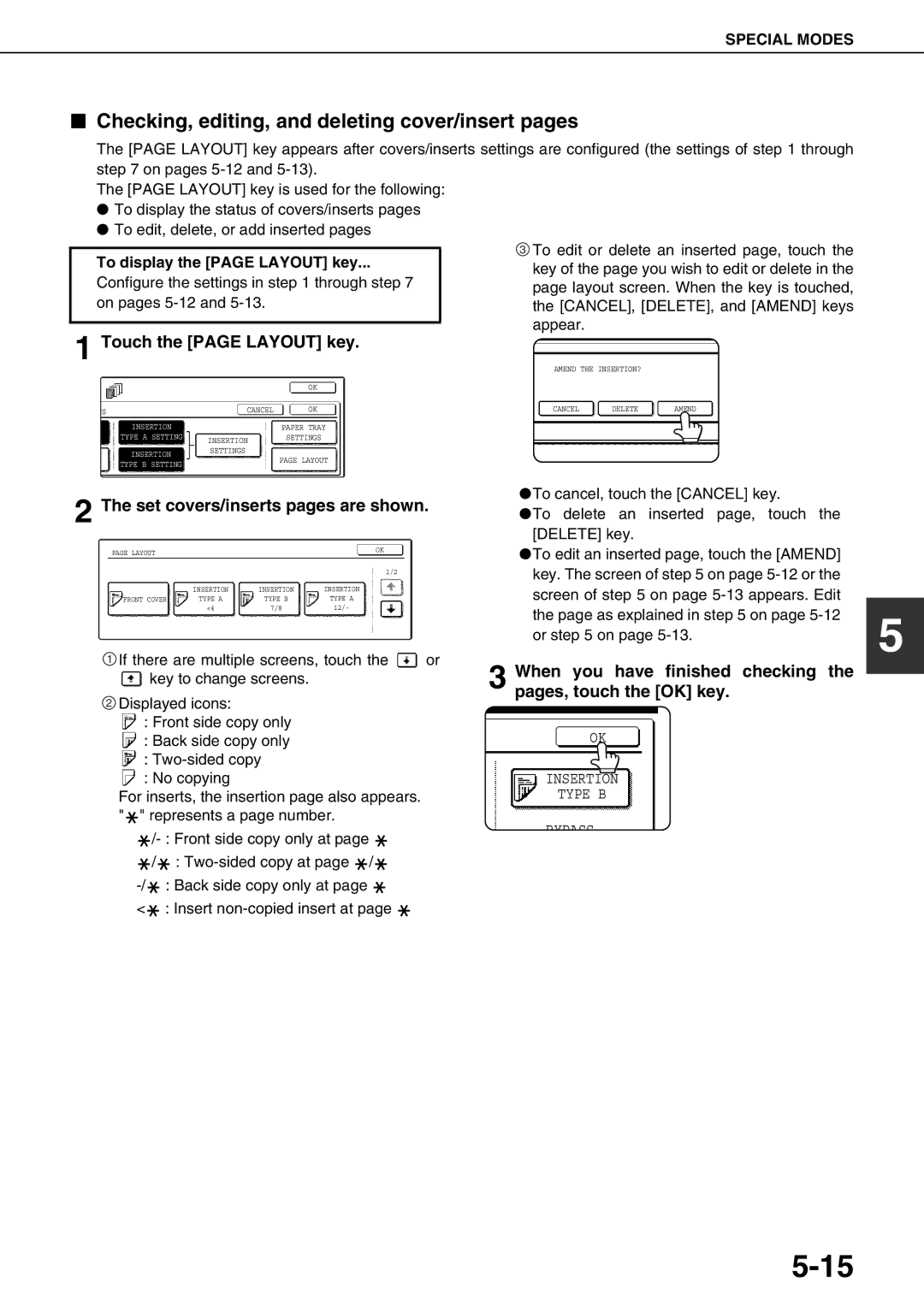 Sharp AR-M700N, AR-M700U, AR-M550N, AR-M620N Checking, editing, and deleting cover/insert pages, Touch the page Layout key 