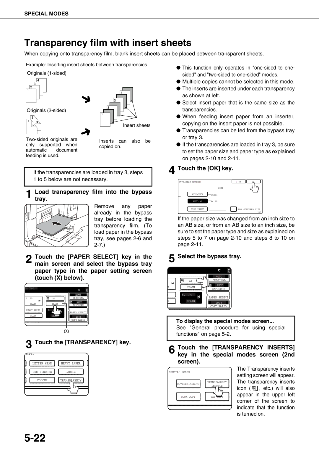 Sharp AR-M550U, AR-M700U, AR-M550N Transparency film with insert sheets, Loadtray. transparency film into the bypass 