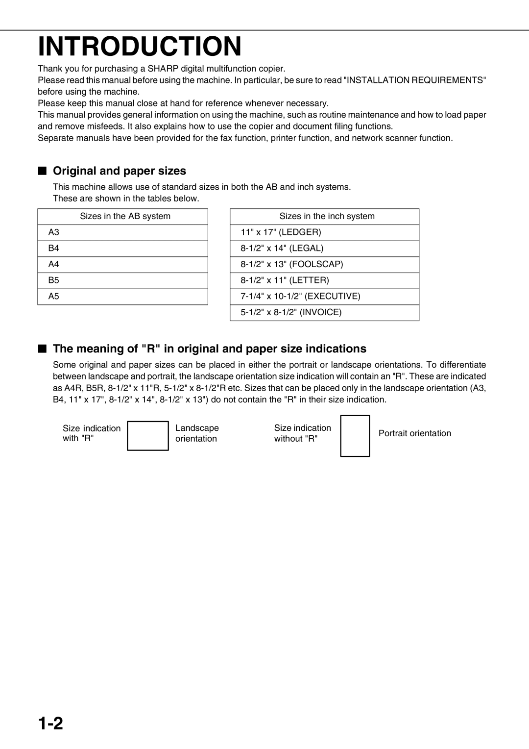 Sharp AR-M700U, AR-M550N Introduction, Original and paper sizes, Meaning of R in original and paper size indications 