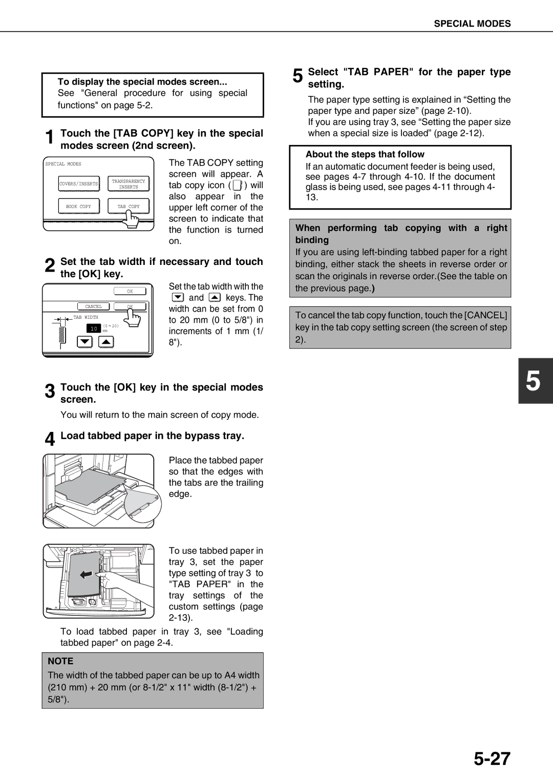 Sharp AR-M700N, AR-M700U Set the tab width if necessary and touch the OK key, Load tabbed paper in the bypass tray 