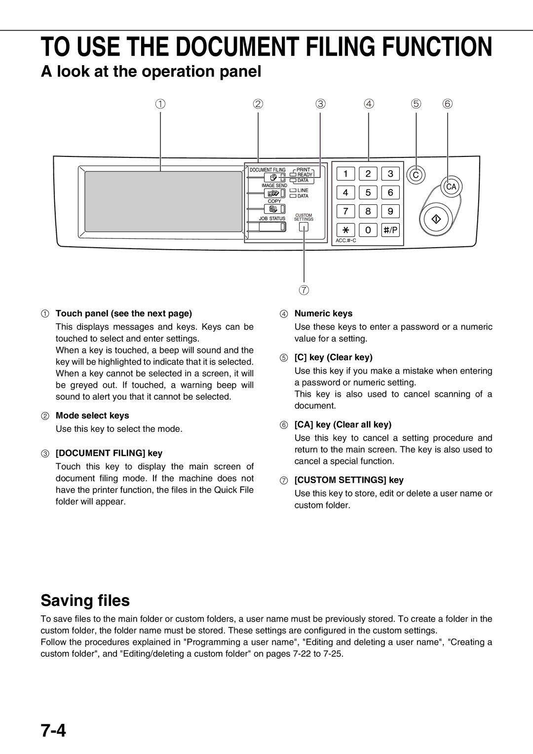 Sharp AR-M700U, AR-M550N, AR-M620N Look at the operation panel, Saving files, Touch panel see the next, Mode select keys 