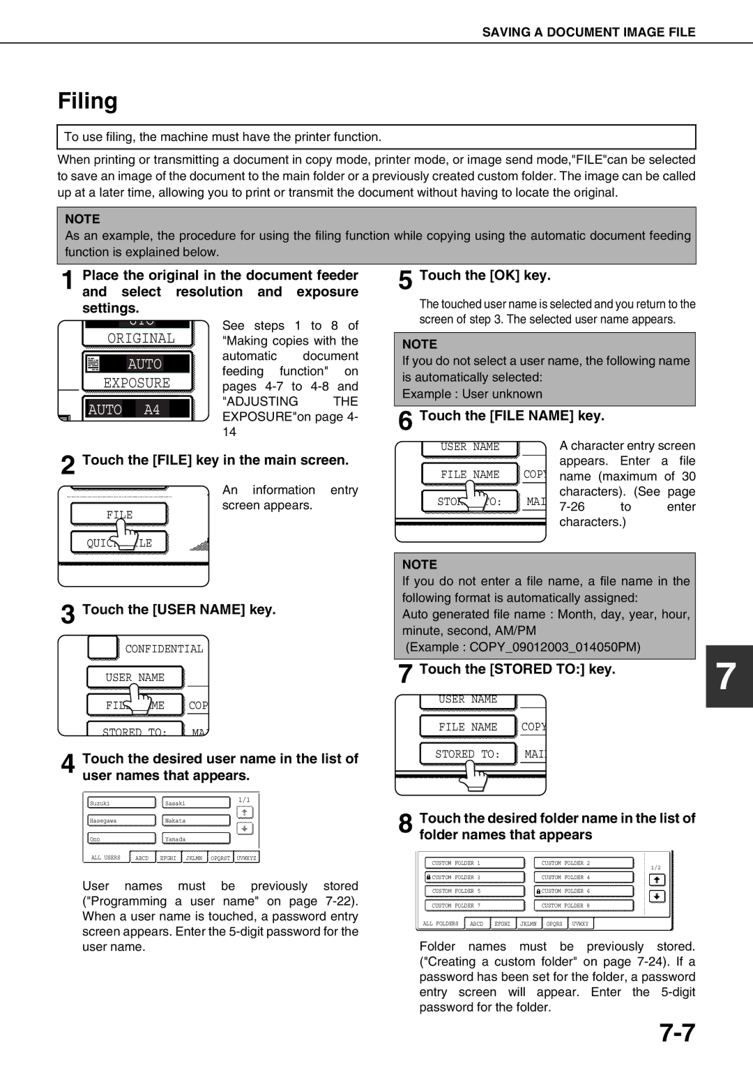 Sharp AR-M700N, AR-M700U, AR-M550N, AR-M620N, AR-M550U, AR-M620U Filing, Touch the User Name key, Touch the Stored to key 