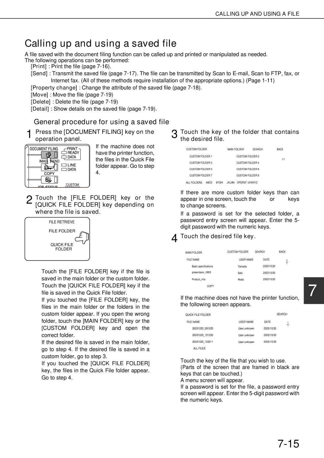 Sharp AR-M620U Calling up and using a saved file, General procedure for using a saved file, Touch the desired file key 