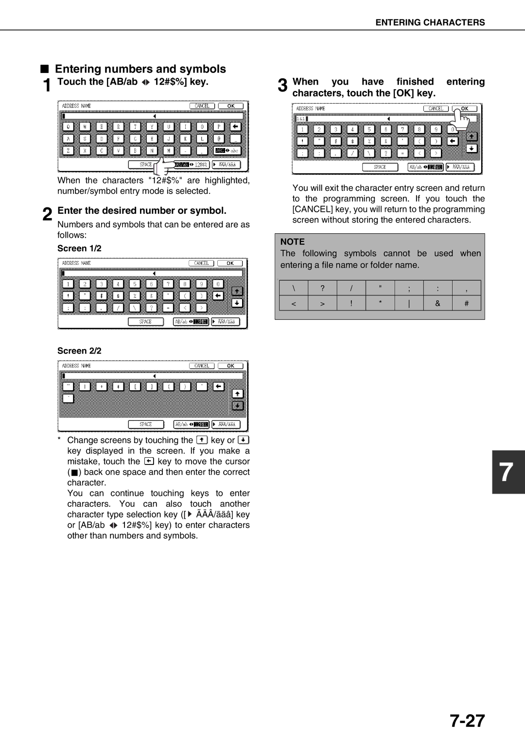 Sharp AR-M620U, AR-M700U, AR-M550N Entering numbers and symbols, Enter the desired number or symbol, Screen 1/2, Screen 2/2 