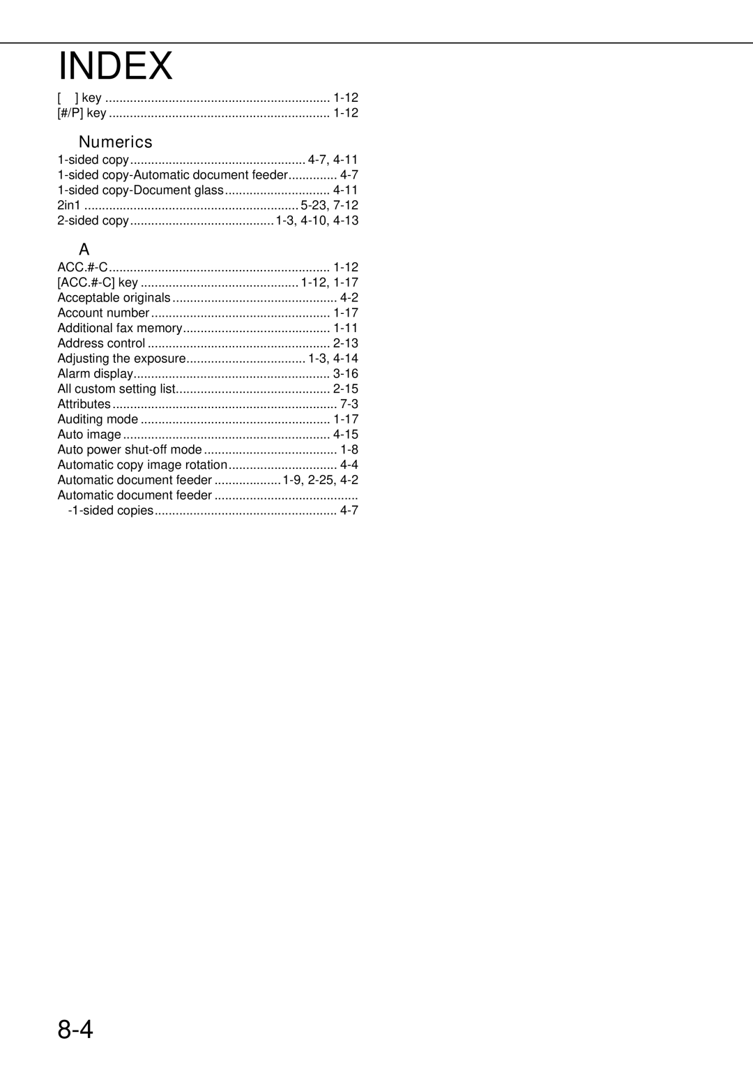 Sharp AR-M550U, AR-M700U, AR-M550N, AR-M620N, AR-M700N, AR-M620U specifications Index, Numerics 