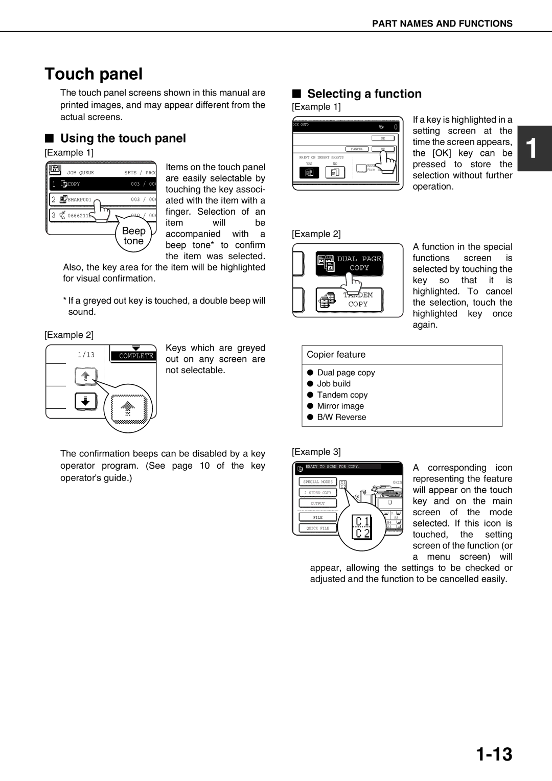 Sharp AR-M620U, AR-M700U, AR-M550N, AR-M620N, AR-M700N, AR-M550U Touch panel, Selecting a function, Using the touch panel 