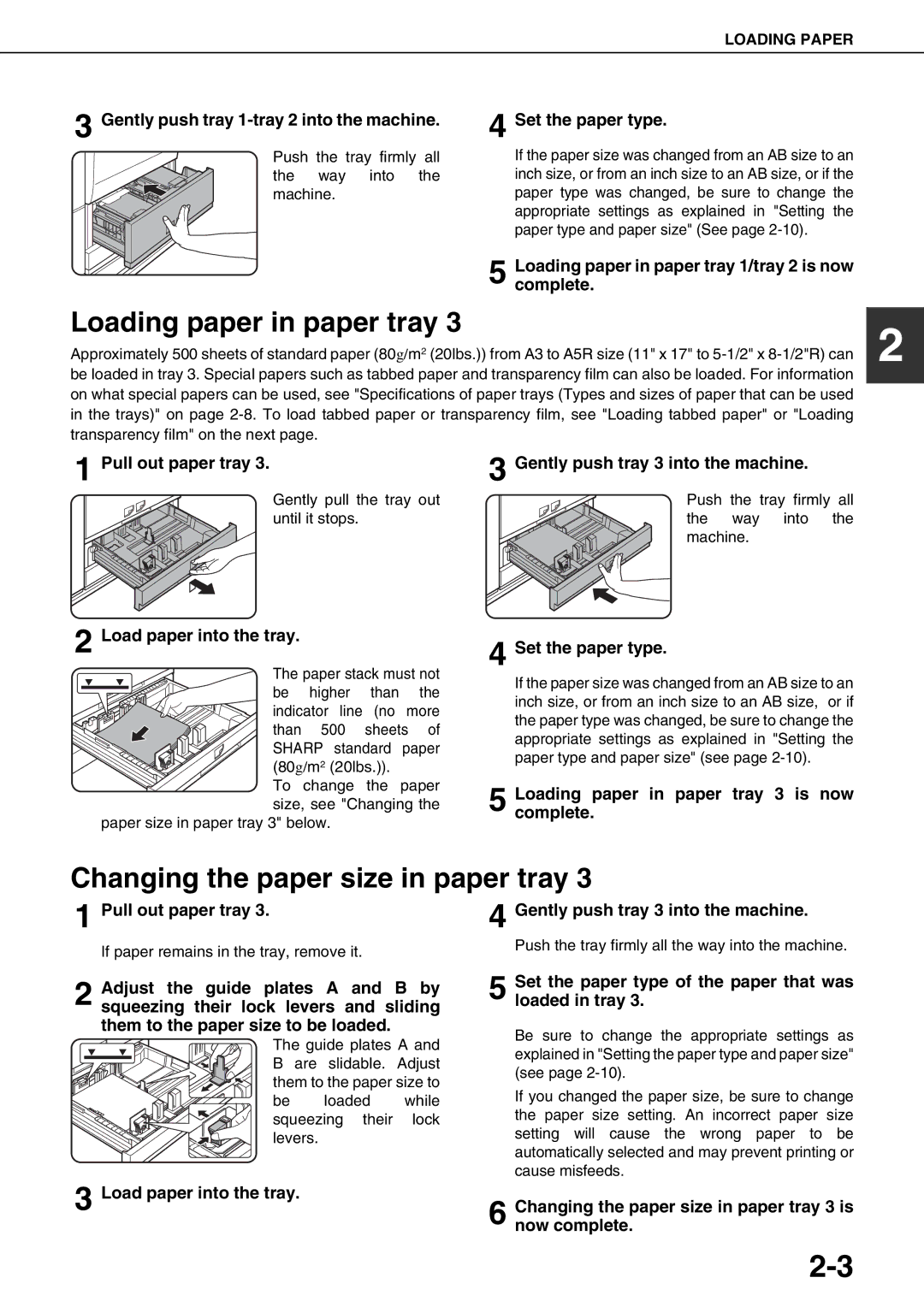 Sharp AR-M550N, AR-M700U, AR-M620N, AR-M700N, AR-M550U Loading paper in paper tray, Changing the paper size in paper tray 