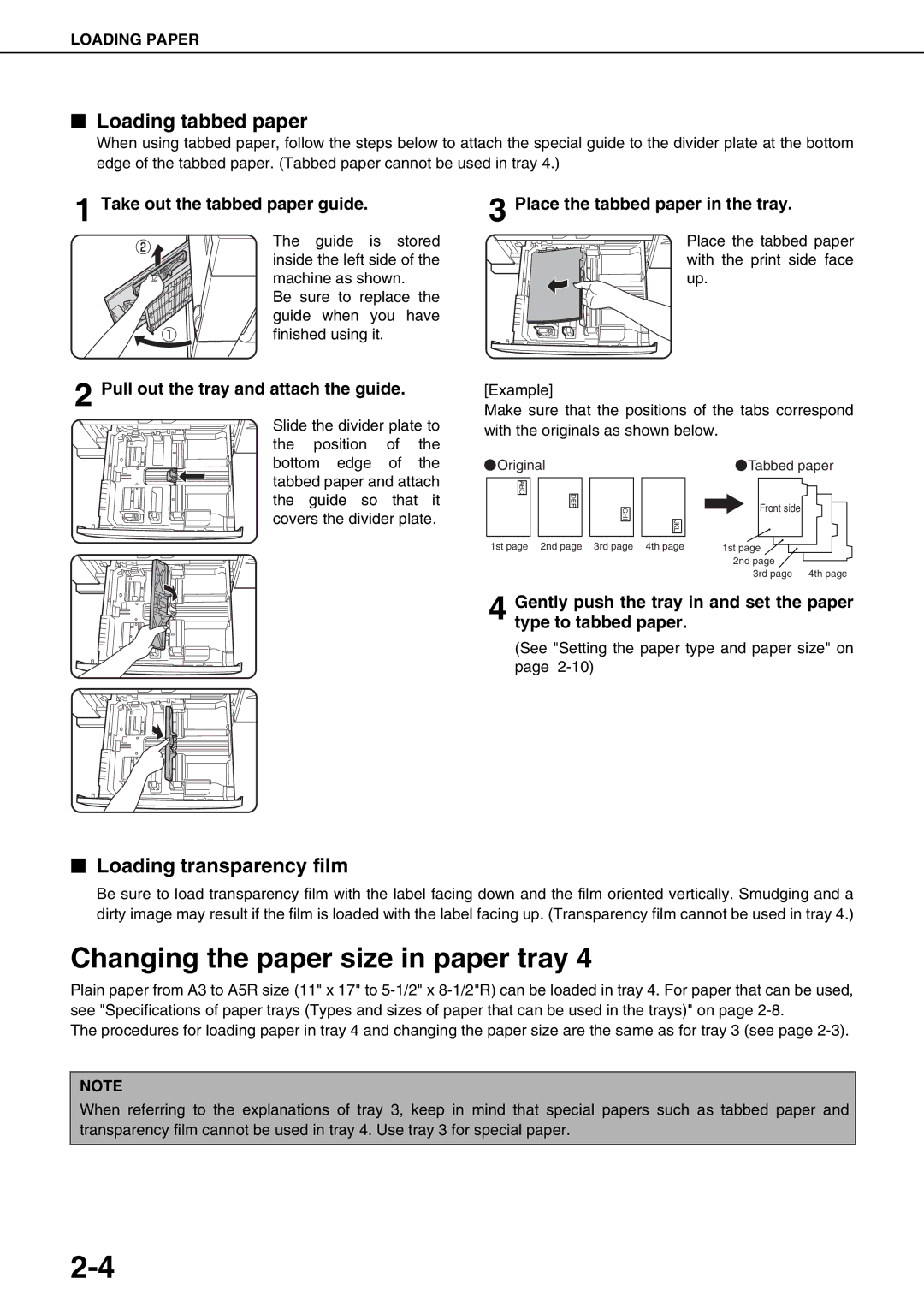 Sharp AR-M620N, AR-M700U, AR-M550N Loading tabbed paper, Loading transparency film, Take out the tabbed paper guide 