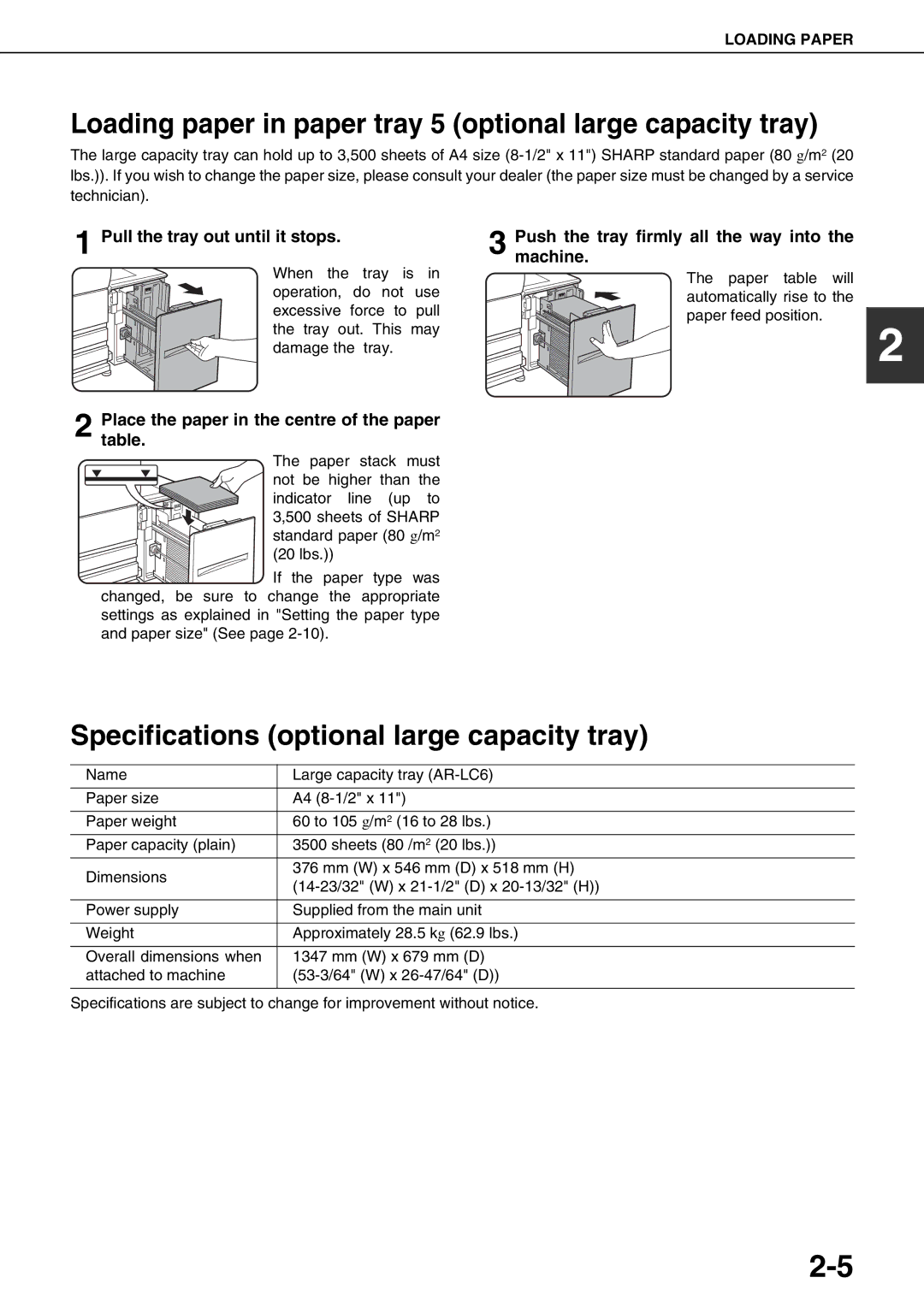 Sharp AR-M700N Loading paper in paper tray 5 optional large capacity tray, Specifications optional large capacity tray 