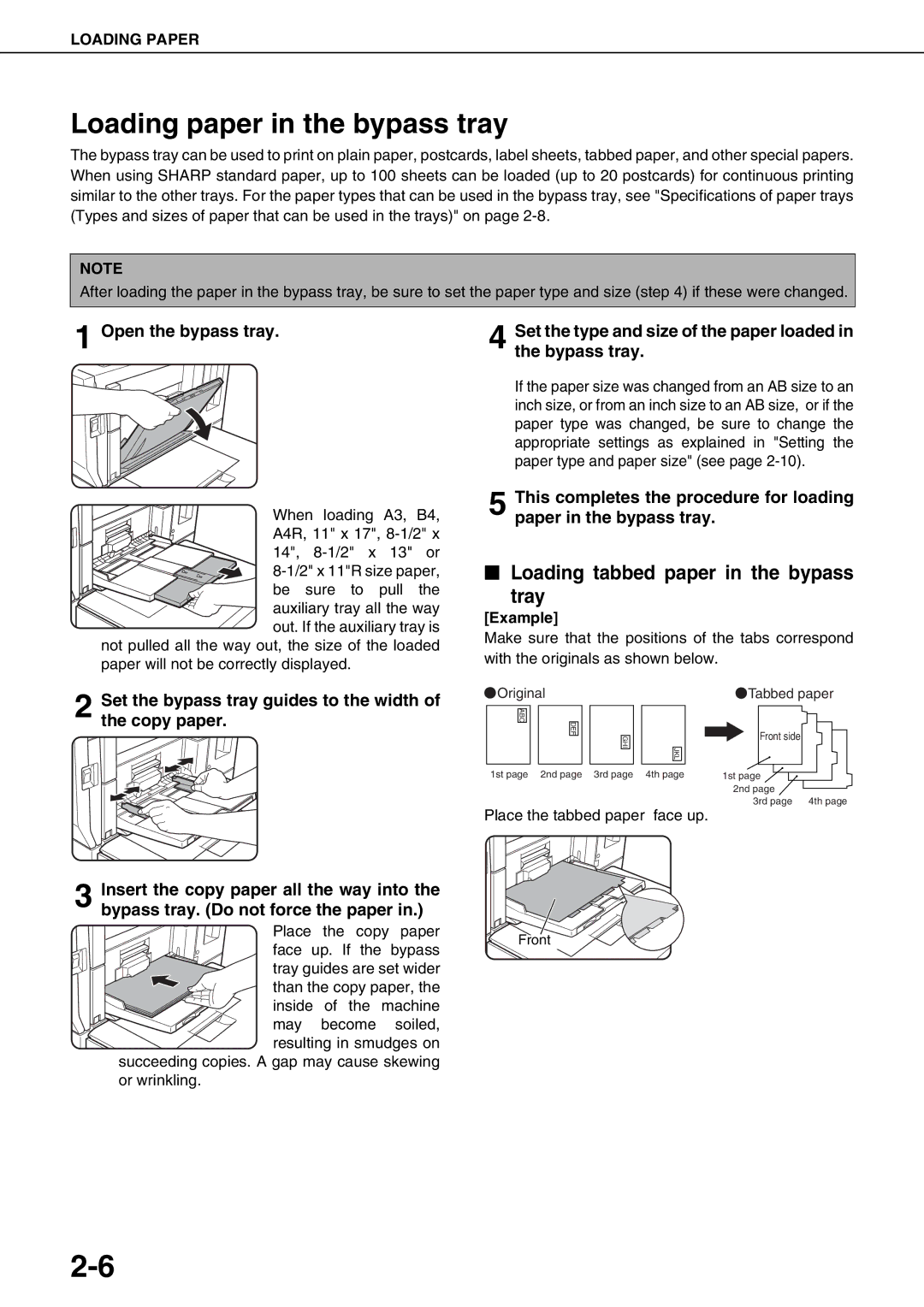 Sharp AR-M550U Loading paper in the bypass tray, Loading tabbed paper in the bypass Tray, Open the bypass tray, Example 