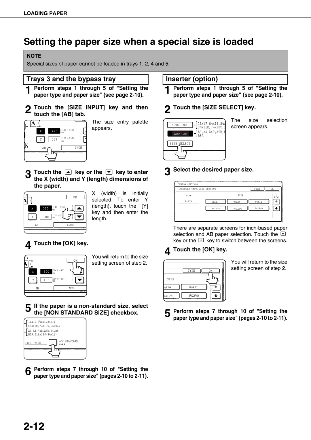 Sharp AR-M550U Setting the paper size when a special size is loaded, Trays 3 and the bypass tray, Inserter option 