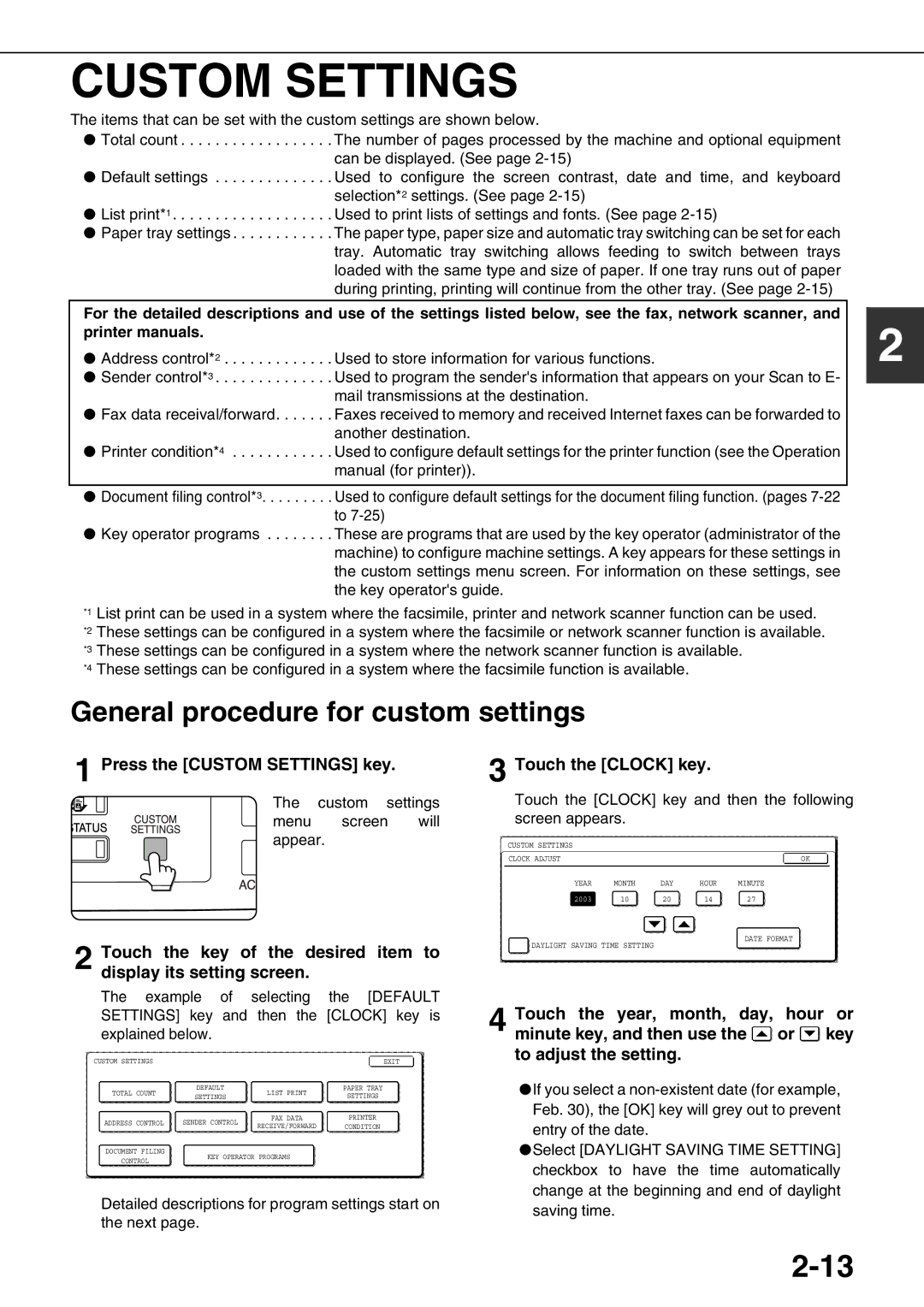 Sharp AR-M620U, AR-M700U, AR-M550N, AR-M620N Custom Settings, General procedure for custom settings, Touch the Clock key 