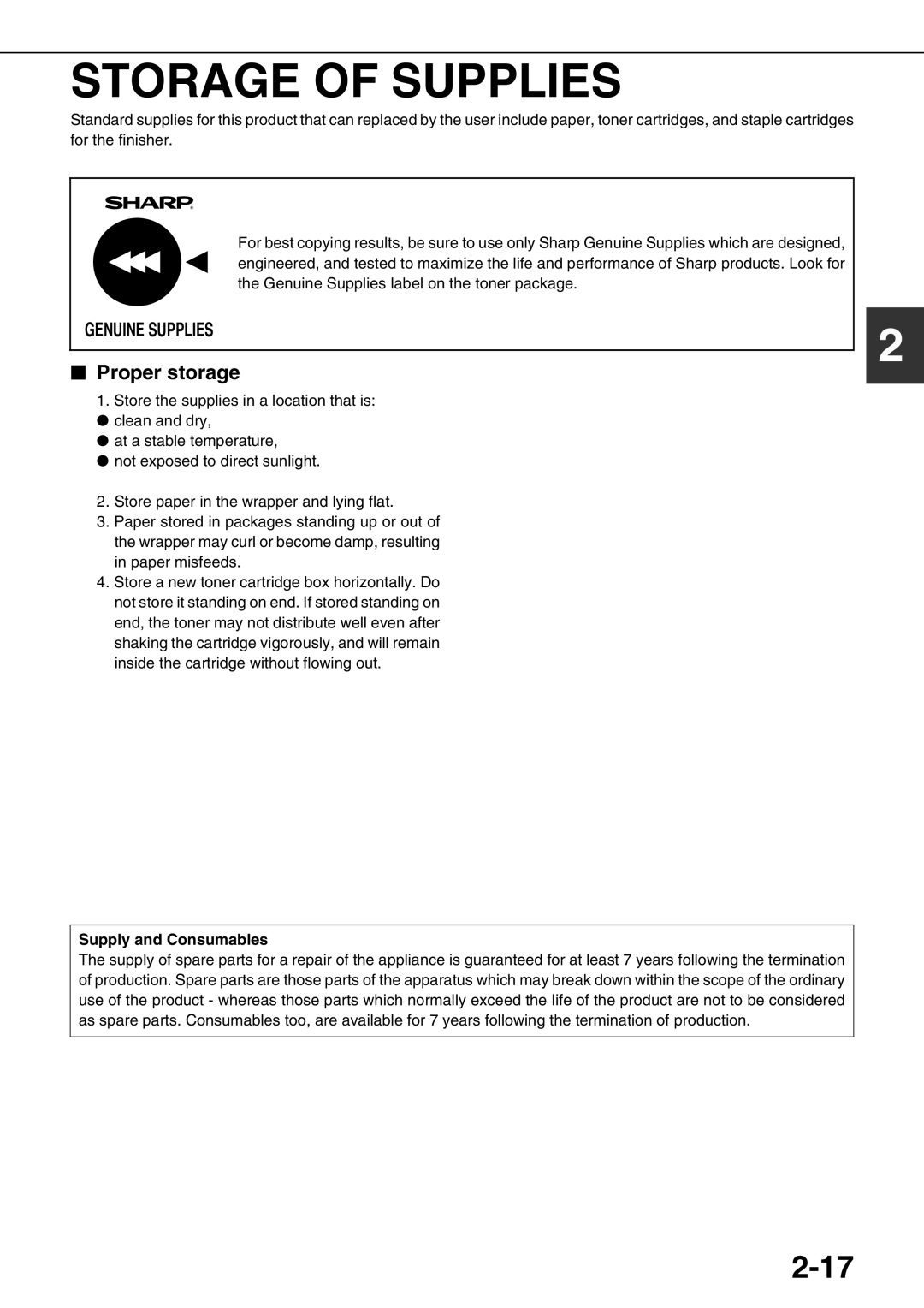 Sharp AR-M700N, AR-M700U, AR-M550N, AR-M620N, AR-M550U, AR-M620U Storage of Supplies, Proper storage, Supply and Consumables 