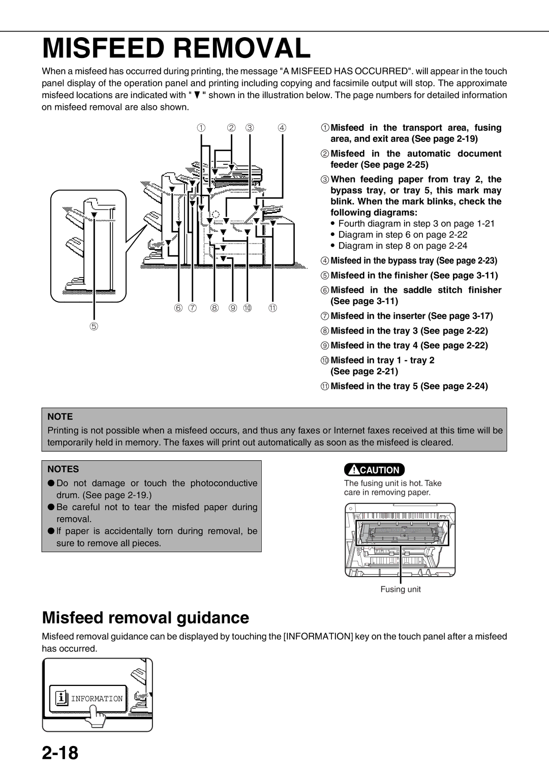 Sharp AR-M550U, AR-M700U, AR-M550N Misfeed Removal, Misfeed removal guidance, Fourth diagram in on page 1-21 Diagram in on 