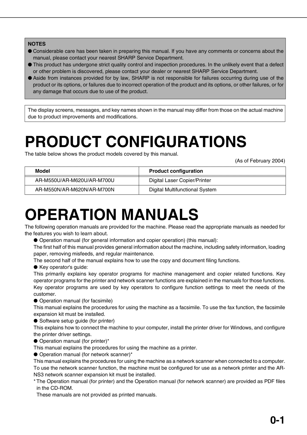 Sharp AR-M620U, AR-M700U, AR-M550N, AR-M620N, AR-M700N, AR-M550U Product Configurations, Model Product configuration 