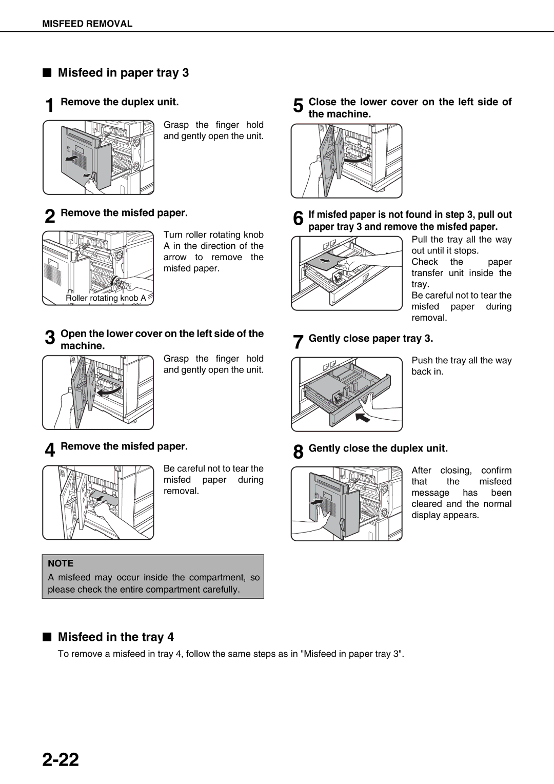 Sharp AR-M620N, AR-M700U Misfeed in paper tray, Misfeed in the tray, Open the lower cover on the left side of the machine 