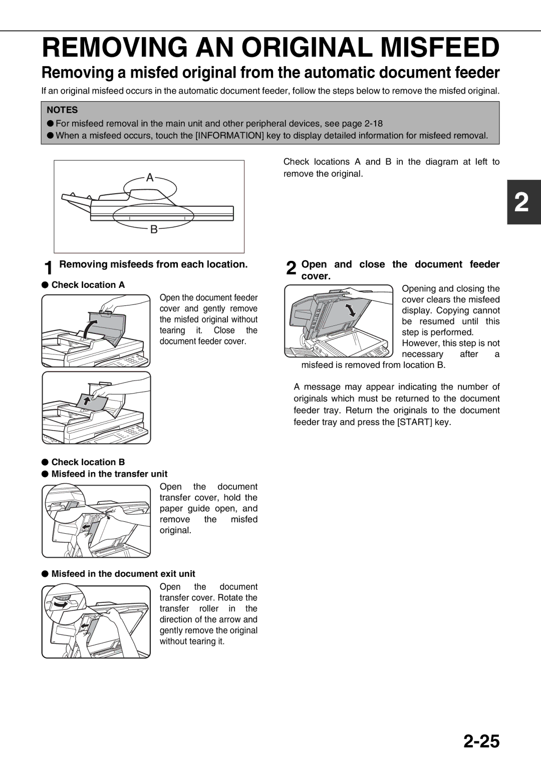 Sharp AR-M620U, AR-M700U, AR-M550N, AR-M620N, AR-M700N Removing AN Original Misfeed, Removing misfeeds from each location 