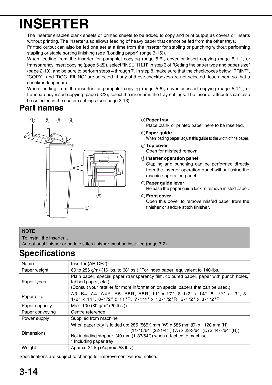 Sharp AR-M550U, AR-M700U, AR-M550N, AR-M620N, AR-M700N Paper tray, Inserter operation panel, Paper guide lever 