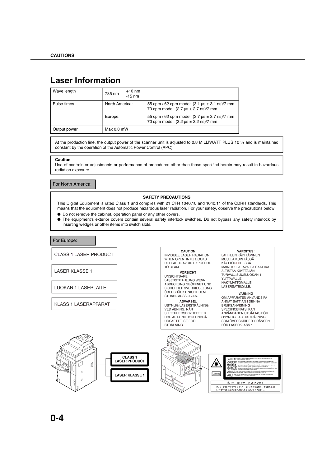 Sharp AR-M620N, AR-M700U, AR-M550N, AR-M700N, AR-M550U, AR-M620U specifications Laser Information, For North America, For Europe 