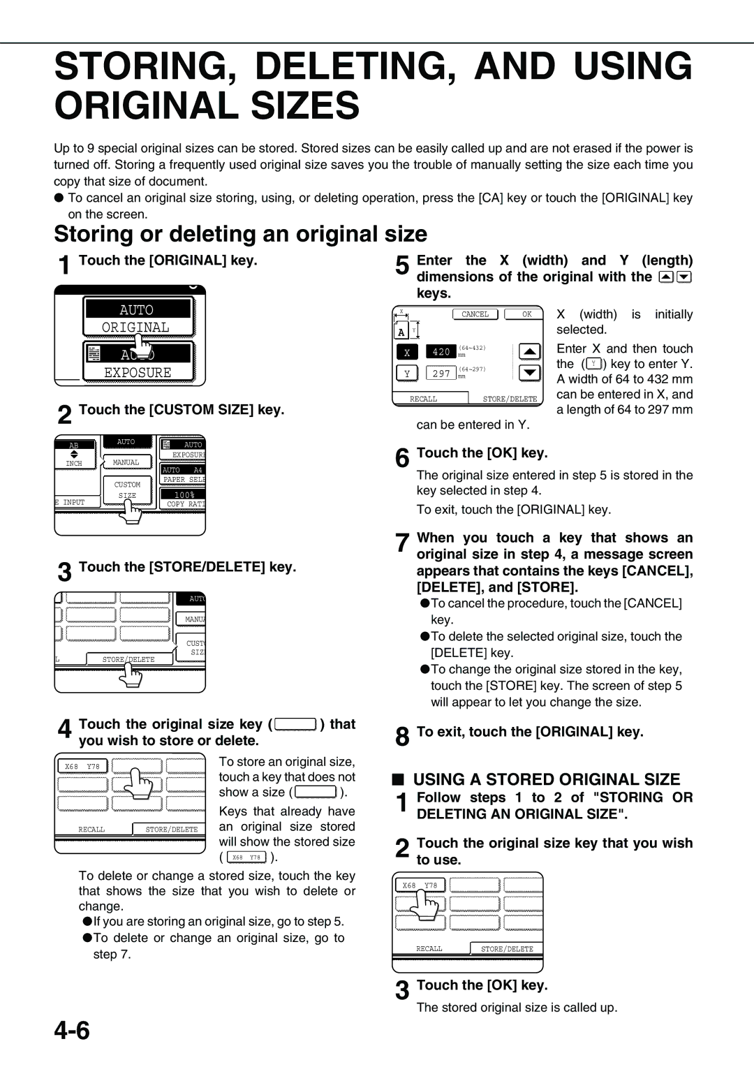 Sharp AR-M550U, AR-M700U, AR-M550N STORING, DELETING, and Using Original Sizes, Storing or deleting an original size 