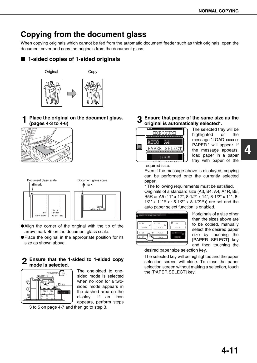 Sharp AR-M700N, AR-M700U Copying from the document glass, Ensure that the 1-sided to 1-sided copy mode is selected 