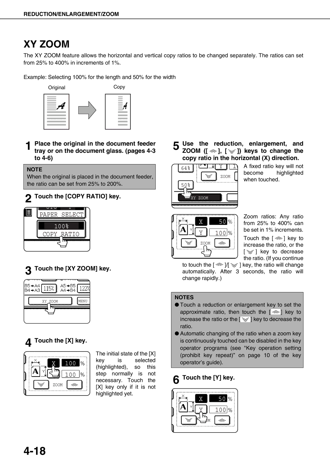 Sharp AR-M550U, AR-M700U, AR-M550N Touch the Copy Ratio key, Touch the XY Zoom key, Touch the X key, Touch the Y key 