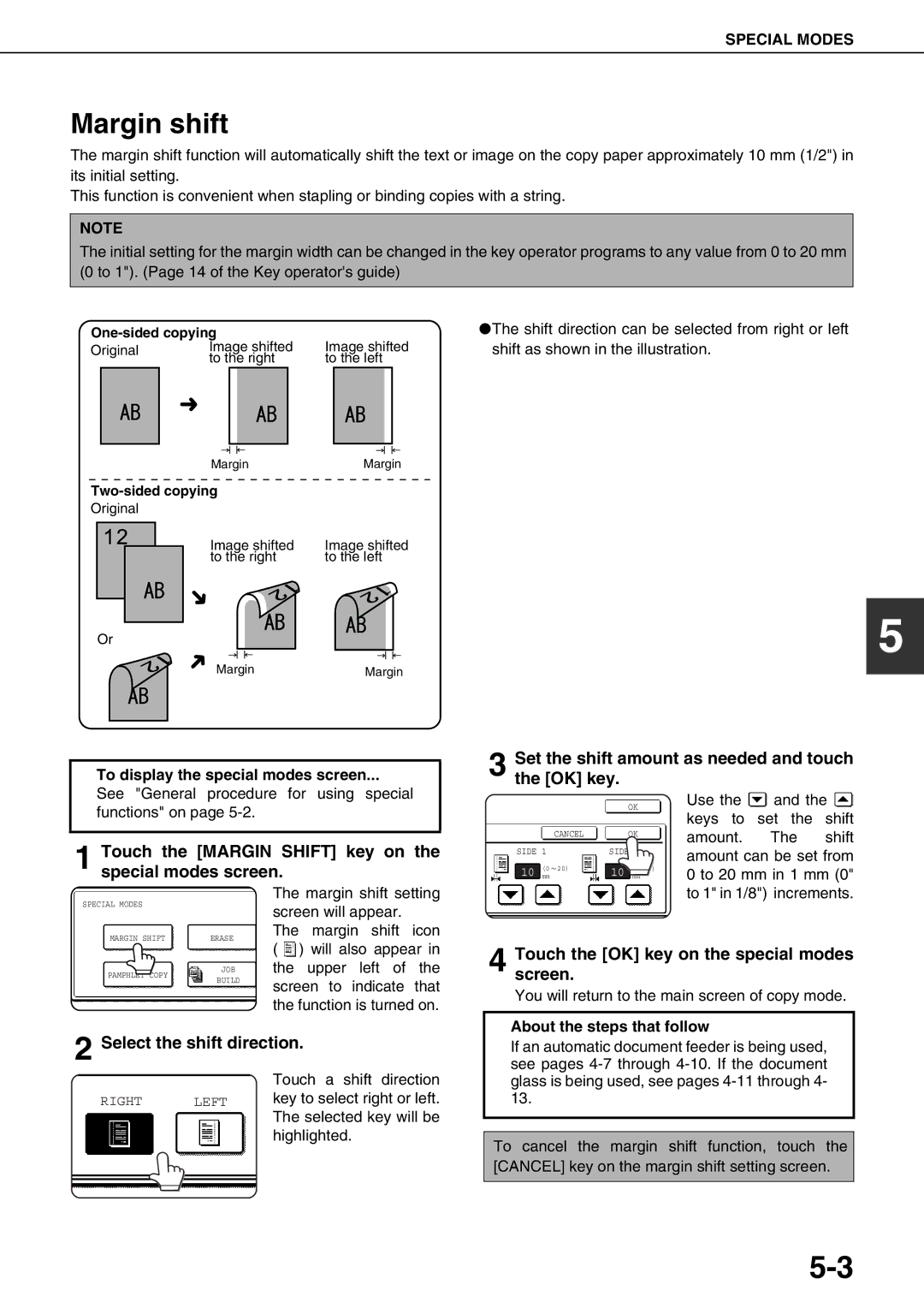 Sharp AR-M700N, AR-M700U Margin shift, Touch the Margin Shift key on the special modes screen, Select the shift direction 