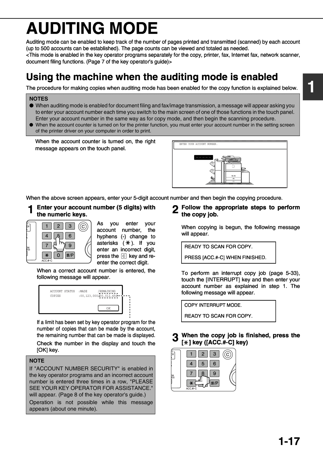Sharp AR-M700N, AR-M700U, AR-M550N, AR-M620N Auditing Mode, 1-17, Using the machine when the auditing mode is enabled 