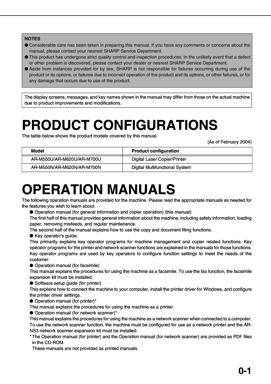 Sharp AR-M620U, AR-M700U, AR-M550N, AR-M620N Product Configurations, Operation Manuals, Model, Product configuration 