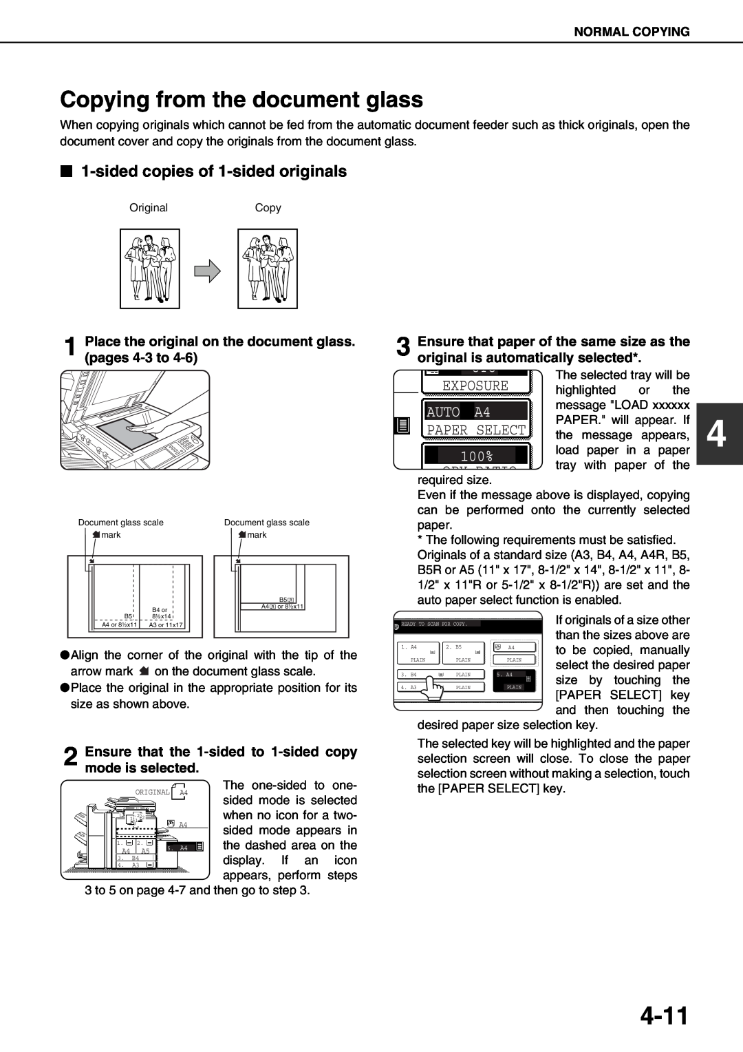 Sharp AR-M700N 4-11, Copying from the document glass, AUTO A4, Place the original on the document glass. pages 4-3 to 