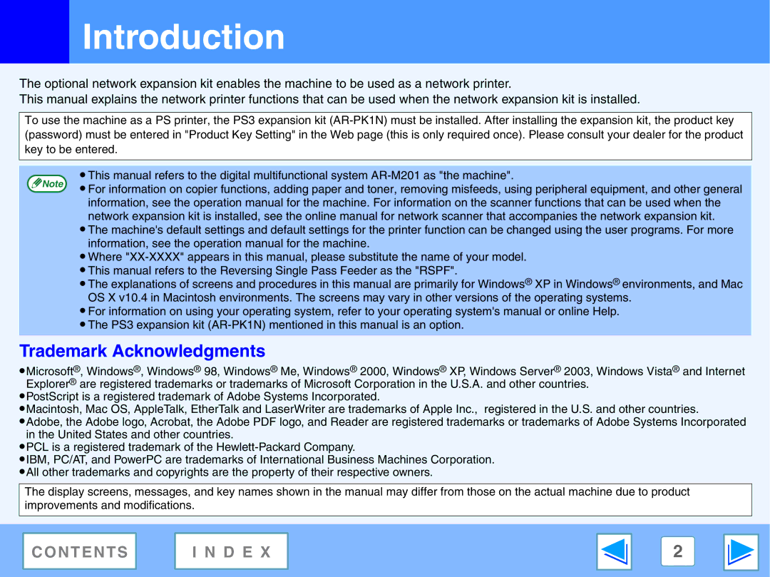 Sharp AR-NB2 A manual Introduction, Trademark Acknowledgments 