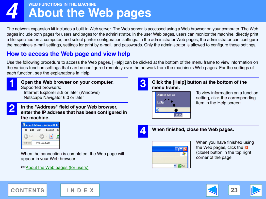 Sharp AR-NB2 A manual About the Web pages, How to access the Web page and view help 