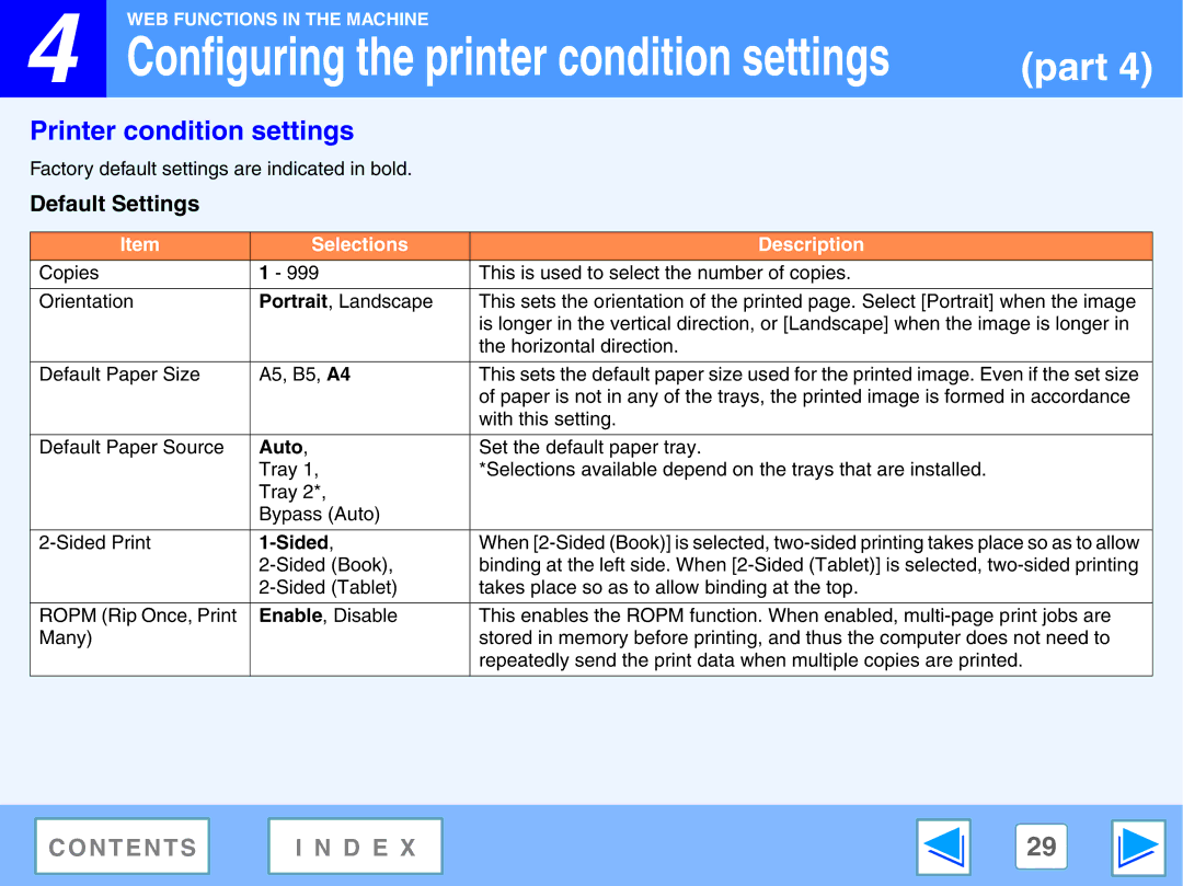 Sharp AR-NB2 A manual Printer condition settings, Default Settings 