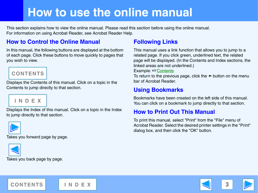 Sharp AR-NB2 A How to use the online manual, How to Control the Online Manual, Following Links, Using Bookmarks 