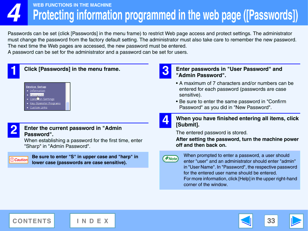 Sharp AR-NB2 A manual Click Passwords in the menu frame, Admin Password, Submit 