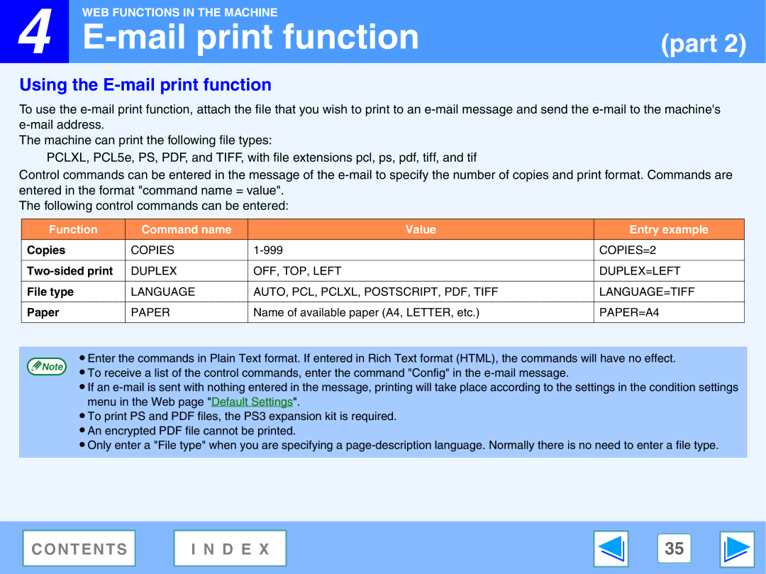 Sharp AR-NB2 A manual Using the E-mail print function, Function Command name Value Entry example 