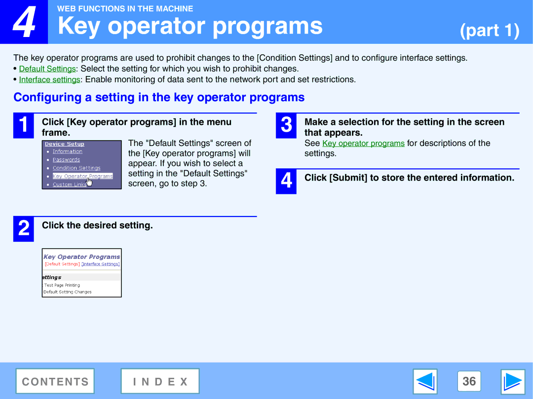 Sharp AR-NB2 A manual Key operator programs, Configuring a setting in the key operator programs 