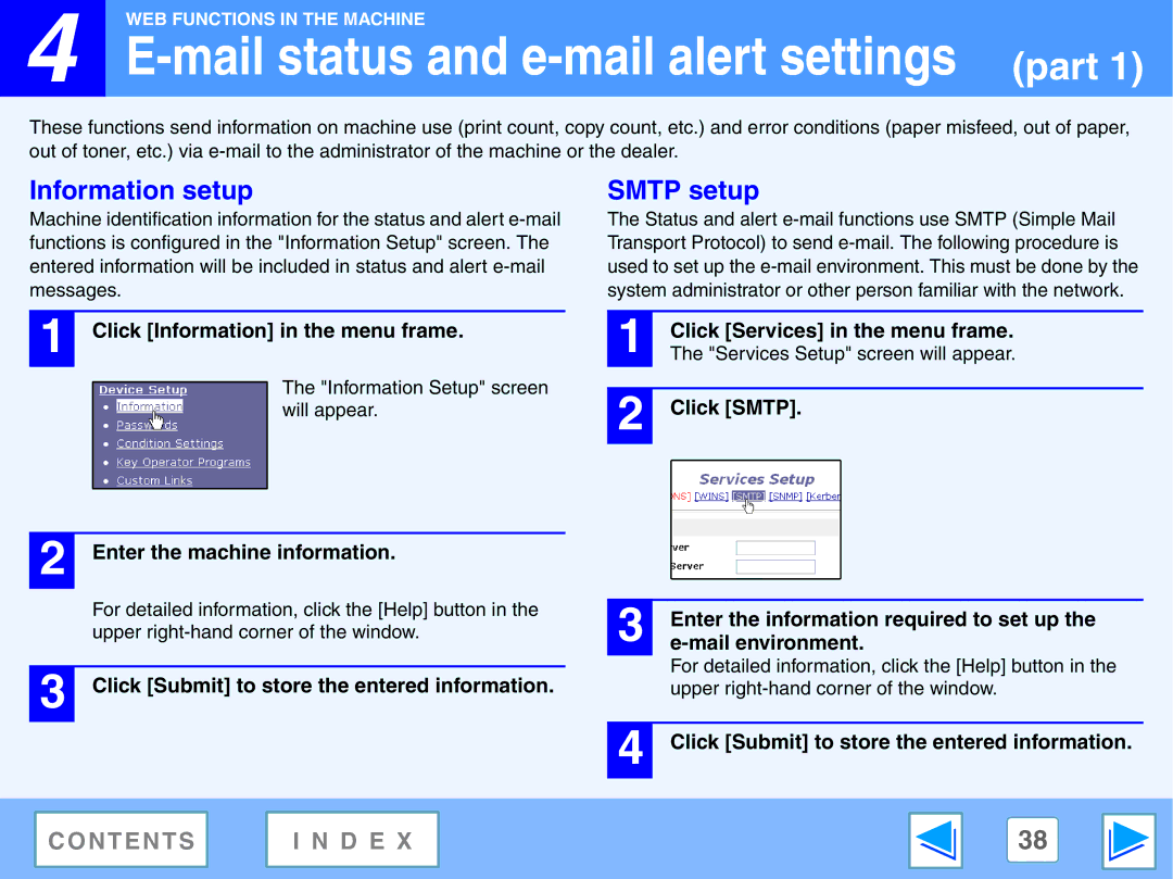 Sharp AR-NB2 A manual Information setup, Smtp setup, Click Information in the menu frame, Click Services in the menu frame 